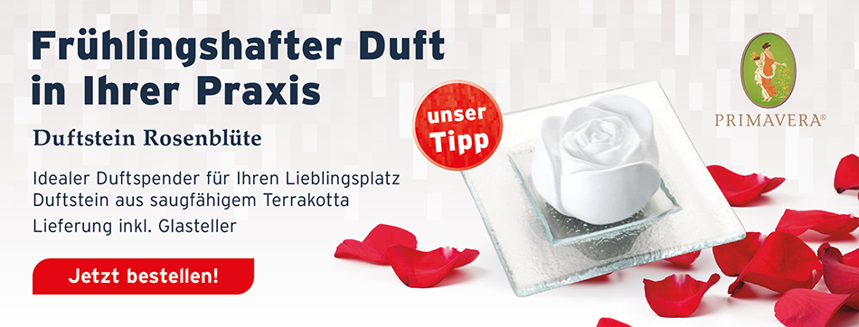 Fruehlingshafter Duft in Ihrer Praxis - Duftstein Rosenbluete, Primavera, Idealer Duftspender für Ihren Lieblingsplatz, Duftstein aus saugfaehigem Terrakotta, Lieferung inkl. Glasteller